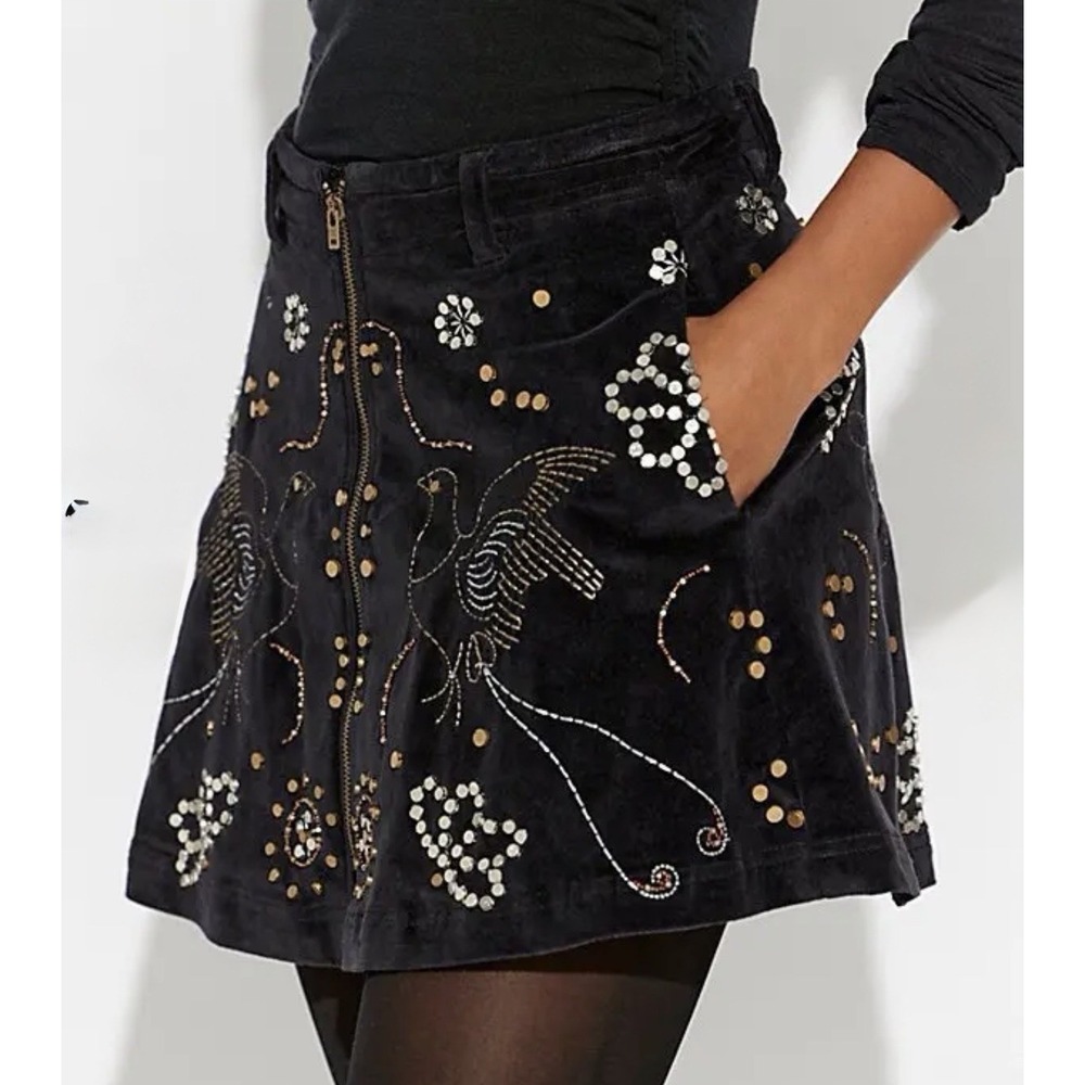 NWT Free People Quetzal Mini High Ride Corduroy Embellished Black Skirt Sz 6 WOW